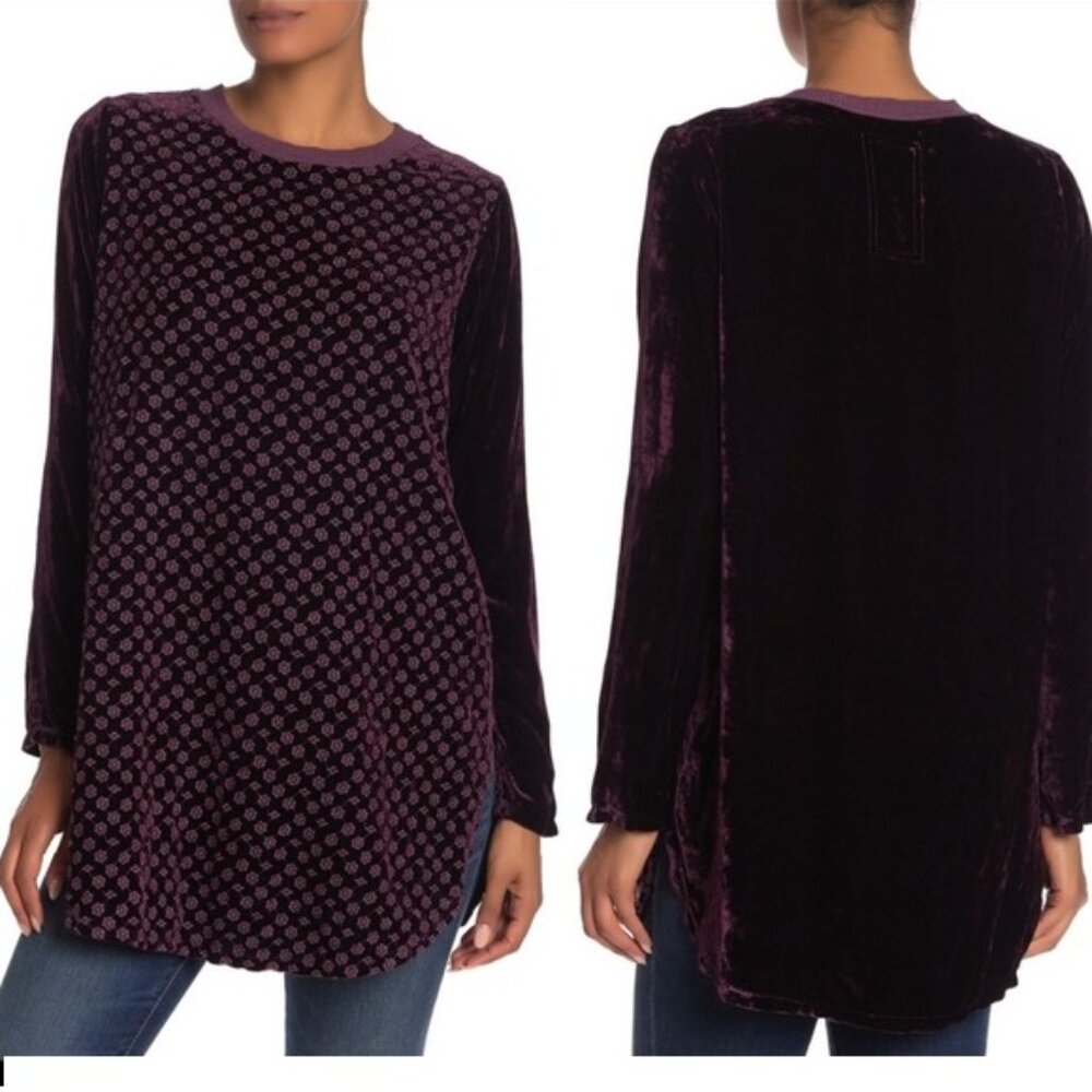 Johnny‎ Was Larissa Velvet Floral Embroidered Tunic Top Size M Purple Silk Rayon